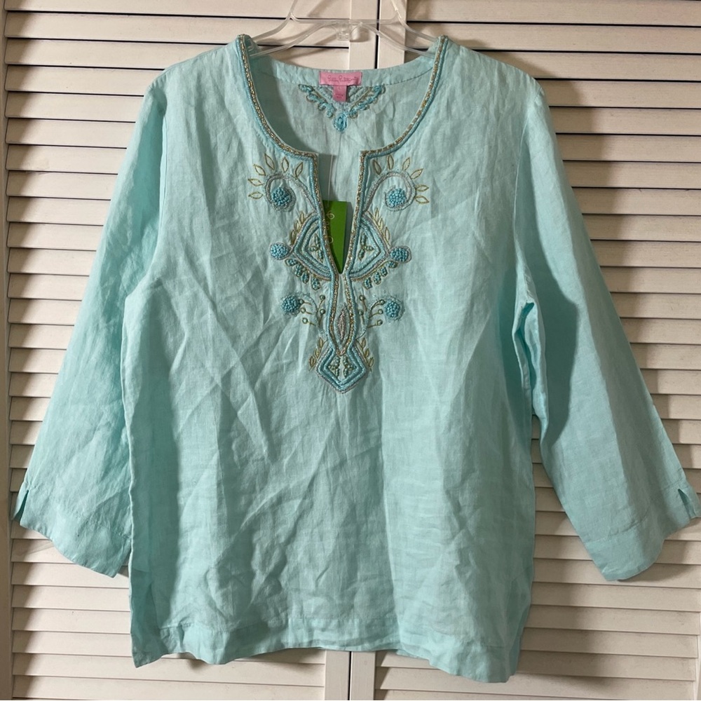 Lilly Pulitzer Aqua Embroidered Linen Tunic Amelia Island New
